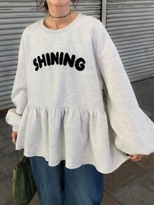 FRIFUL Women's Contrast Color Letter Print Crew Neck Long Sleeve Sweatshirt Autumn/ Back-To-School School White Casual Graphic - Grey - View 4