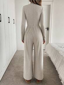 Easowa 高领斜口袋修身腰长袖阔腿连体裤，罗纹纹理面料，休闲优雅办公室装，女士秋冬装 - 卡其色 - 查看 2