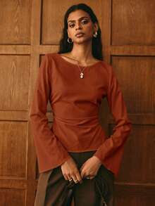 Poéselle Women's Casual Solid Color Bell Sleeve Boat Neck Blouse - Rust Brown - View 6