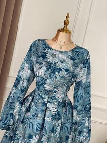 SHEIN Clasi Đầm Maxi họa tiết hoa cổ tròn tay dài cỡ lớn dành cho nữ, phong cách tối giản thanh lịch, thích hợp mặc hàng ngày, hẹn hò và dự tiệc - Nhiều màu - Xem 7