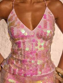 Opulessa 亮片露背吊带背心，粉色亮片上衣，适合度假、国庆节、新年、优雅派对、毕业典礼、舞会、奢华晚宴等场合，闪耀亮片，Y2K风格，休闲女装，演唱会、派对、夜店、秋季时尚、外出、优雅性感派对约会之夜。 - 粉色 - 查看 1