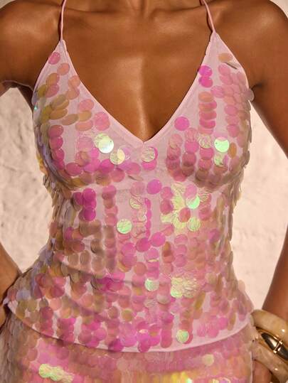 Opulessa Top de lentejuelas sin espalda, top de lentejuelas rosas para vacaciones, Día Nacional, Año Nuevo, fiesta elegante, graduación, baile de graduación, fiesta de noche elegante para mujeres, top de lentejuelas iridiscentes, top de lentejuelas Y2K, vacaciones, estilo casual de mujer, concierto, fiesta, club, otoño elegante, salir, fiesta elegante y sexy, noche de cita