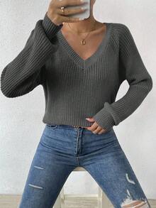 EMERY ROSE 女式V领休闲纯色长袖毛衣 - 灰色 - 查看 6