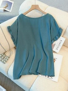 SHEIN Clasi 大码夏季休闲纯色荷叶边袖衬衫 - 青碧色 - 查看 2