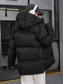 EURMUSE Einfarbiger, reißverschlussbestückter, gepolsterter Mantel mit Kapuze und langen Ärmeln, Winter - Schwarz - Übersicht 2