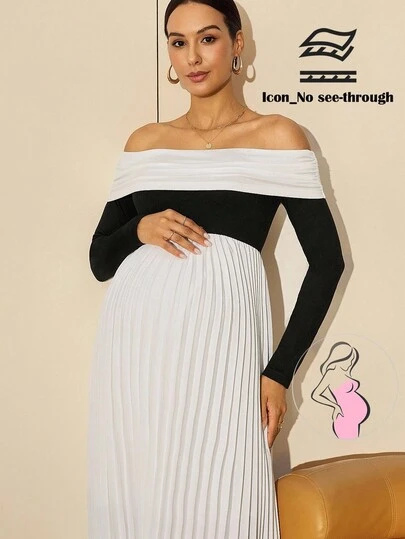 MaterniWear 孕妇装拼色露肩长袖褶边优雅时尚连衣裙