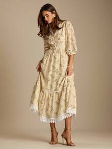 Enchnt Romantic Light Yellow Floral Print V-Neck Lantern Sleeve Ruffled Hem Dress Is Perfect For Autumn And Winter. Sweet And Elegant, It's Suitable For Vacations, Dates, Holidays, Parties, Graduations, Wedding Guests, The Beach, Dances, Sundresses, Carnivals, And Other Autumn/Winter Occasions. - Yellow - View 5