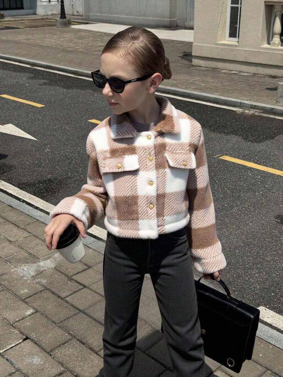 Tween Girl Casual Plaid Button-Up Jacket, Autumn/Winter - Multicolor - View 1