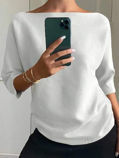 DAZY Women's Solid Color Fitted Boat Neck 3/4 Sleeve Casual Elegant Knit Top, Autumn/Winter