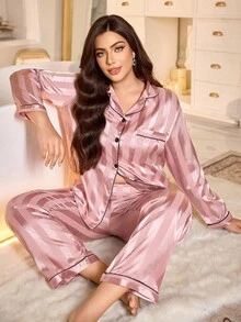 SHEIN MuseNap CURVE 加大码条纹提花撞色滚边缎面睡衣套装，上衣和裤子，秋冬舒适优雅细节 - 藕粉色 - 查看 5