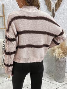 SHEIN LUNE Women's Contrast Color Striped Turtleneck Knit Sweater - Multicolor - View 2