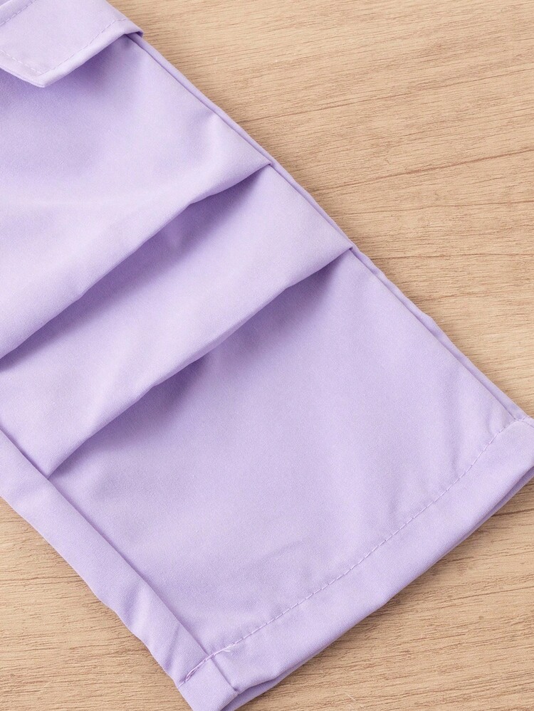 SHEIN Playful Pals 女婴时尚别致街头风格白色印花短袖 T 恤搭配粉色工装裤套装，夏季 - 紫色 - 查看 7