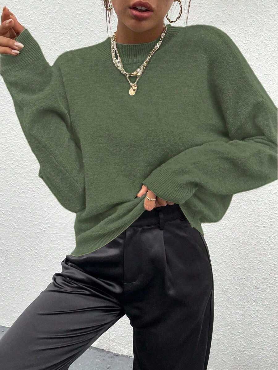 SHEIN Unity Sweater Wanita Kasual Warna Polos Leher Bulat Lengan Kelelawar, Musim Gugur/Dingin - Hijau Tentara - View 1