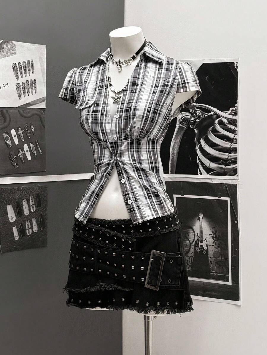 StreetHx Blue Plaid Cap Sleeve Fitted Shirt For Women - Black - View 1