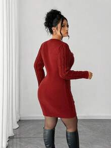 Elenzga Christmas Autumn/Winter Minimalist Loose Fit Long Sleeve Button Decor Plus Size Sweater Dress, Suitable For Wedding Guest - Red - View 2