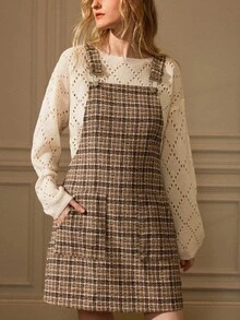Écloséra Women's Simple Casual Brown Dress Plaid Double Pocket Wide Shoulder Strap Suspender Skirt Women's Autumn Dress For Going Out Female Country Style