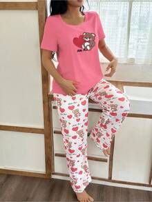 SHEIN 卡通心形和熊印花休闲短袖裤女士睡衣套装泰迪熊睡衣套装女士可爱睡衣套装女士可爱睡衣套装女士睡衣套装女士心形睡衣套装 - 粉色 - 查看 5