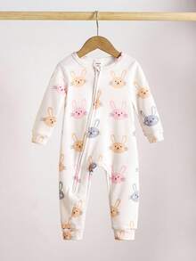 Conjunto de pijama de una pieza con estampado de conejo lindo de manga larga para bebés niñas - Rosa Pálido - Ver 7