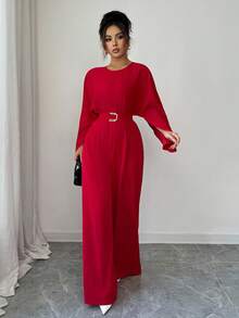 Elenzga Women's Round Neck Batwing Sleeve Jumpsuit With Belt, Elegant Loose Fit Romper For Daily, Work, Business, French Romantic Date, Holiday, Autumn/Winter, Red - Red - View 3