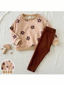 Loomiva 2 件套女婴花卉印花针织柔软圆领长袖运动衫和松紧腰裤套装，休闲装适合秋冬季、室内、室外 - 彩色 - 查看 8