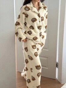 DAZY Women's Bear Pattern Plush Loose Pajama Set, Winter, Fall Clothes Thermal Lined, Fluffy, Cozy - Apricot - View 4