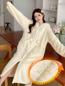 DAZY Thick Fleece Hooded Loose Women's Robe, Fall Winter Fluffy, Cozy - Beige - View 3