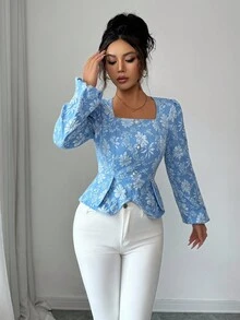 SHEIN PETITE 优雅精致方领腰部纽扣装饰纹理提花面料长袖女式衬衫 - 藍色 - 查看 3