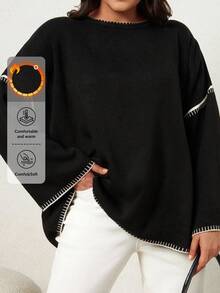 EURMUSE Plus Size Contrast Trim Drop Shoulder Sweater, Winter - Black - View 1