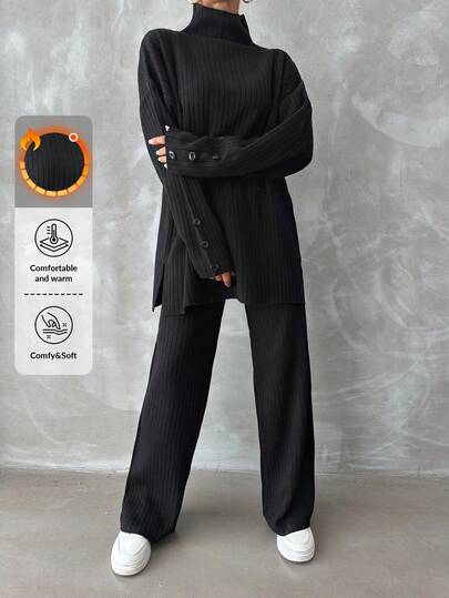 EURMUSE Turtleneck Drop Shoulder Split Hem Sweater & Knit Pants