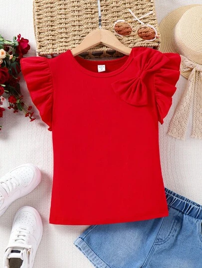 SHEIN Blusa para niña preadolescente con lazo y recorte de volante, ideal para vacaciones, verano y viajes