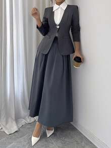 Elenzga 女士优雅百搭办公室通勤装，高端二合一设计长袖西装外套 + 中长款百褶裙套装，秋冬 - 灰色 - 查看 4