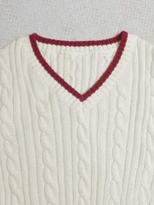 INAWLY Women's Contrast Color V-Neck Long Sleeve Twist Knit Casual Sweater, Autumn/Winter, Christmas - White - View 3