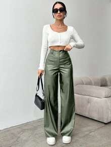 EURMUSE Women's Solid Color High Waist Straight Leg Pants, Suitable For Commuting - Green - View 5