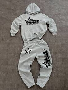 SHEIN Bolty 2pcs/Set Teen Boy Casual Pentagram & Text Graphic Print Hoodie Sweatshirt And Sweatpants Set, Suitable For Autumn/Winter Fall - Grey - View 1