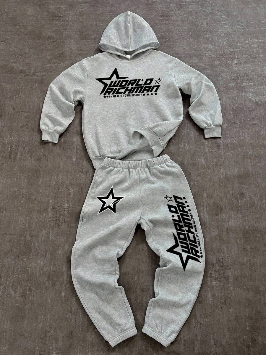 SHEIN Bolty 2pcs/Set Teen Boy Casual Pentagram & Text Graphic Print Hoodie Sweatshirt And Sweatpants Set, Suitable For Autumn/Winter Fall - Grey - View 1