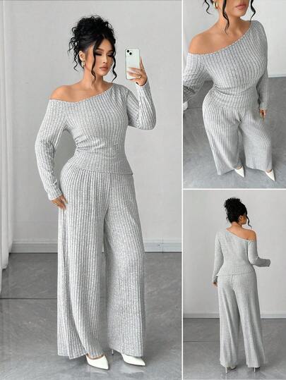 Elenzga 2 件套女士加大码斜肩长袖毛绒舒适简约时尚上衣和阔腿裤套装