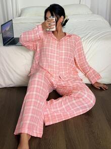 SHEIN Plus Size Plaid Print Ruffle Collar Top & Pants Pajama Set, Fall Winter Clothes, Cozy Outfit - Multicolor - View 3