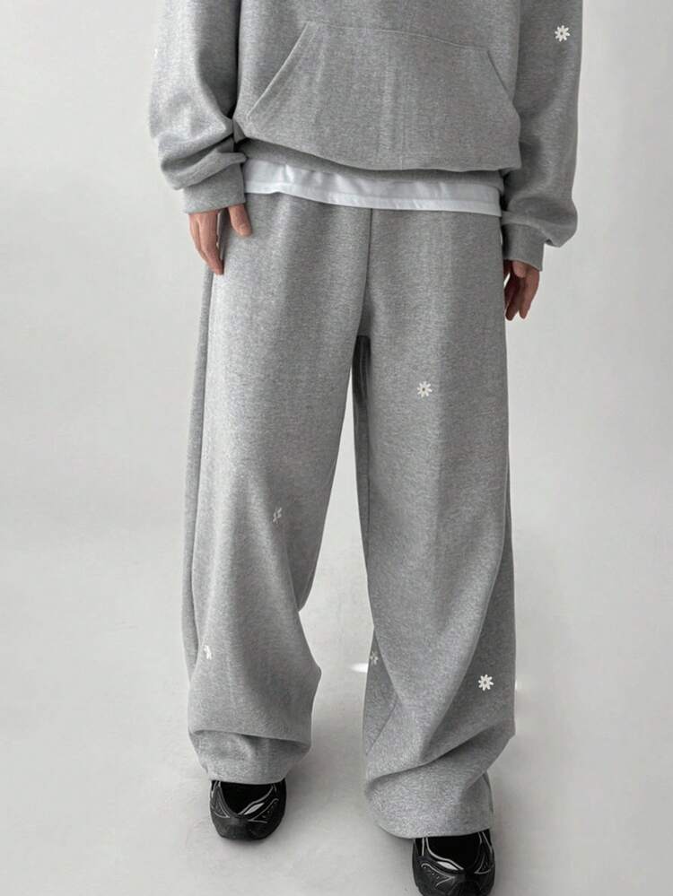 Men's Letter & Floral Print Hoodie Set, Grey Background, Autumn/Winter