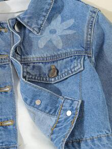 SHEIN Young Girl Floral Print Button Front Casual Long Sleeve Denim Jacket Fall Winter - Medium Wash - View 6
