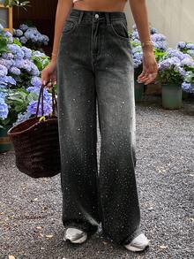 DAZY 女式常规腰部水钻装饰宽松休闲牛仔裤，街头风格 - 黑色 - 查看 4