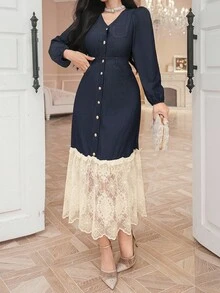 DAZY 法式复古二合一蕾丝拼布牛仔连衣裙 - 藏蓝色 - 查看 3