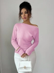 Elenzga 女式拼色不对称肩部套头毛衣，优雅复古风格，适合休闲、度假，适合春秋季节 - 粉色 - 查看 5