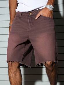 PAVTROS Men's Simple Loose Solid Color Denim Shorts With Pockets, Suitable For Everyday Wear - Brown - View 4