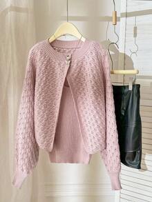 Modelyn 女式纯色简约长袖毛衣和吊带背心两件套，适合日常穿着的秋冬服装 - 藍色 - 查看 4