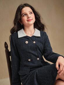 SHEIN 女童纽扣装饰优雅翻领长袖外套秋冬 - 彩色 - 查看 1