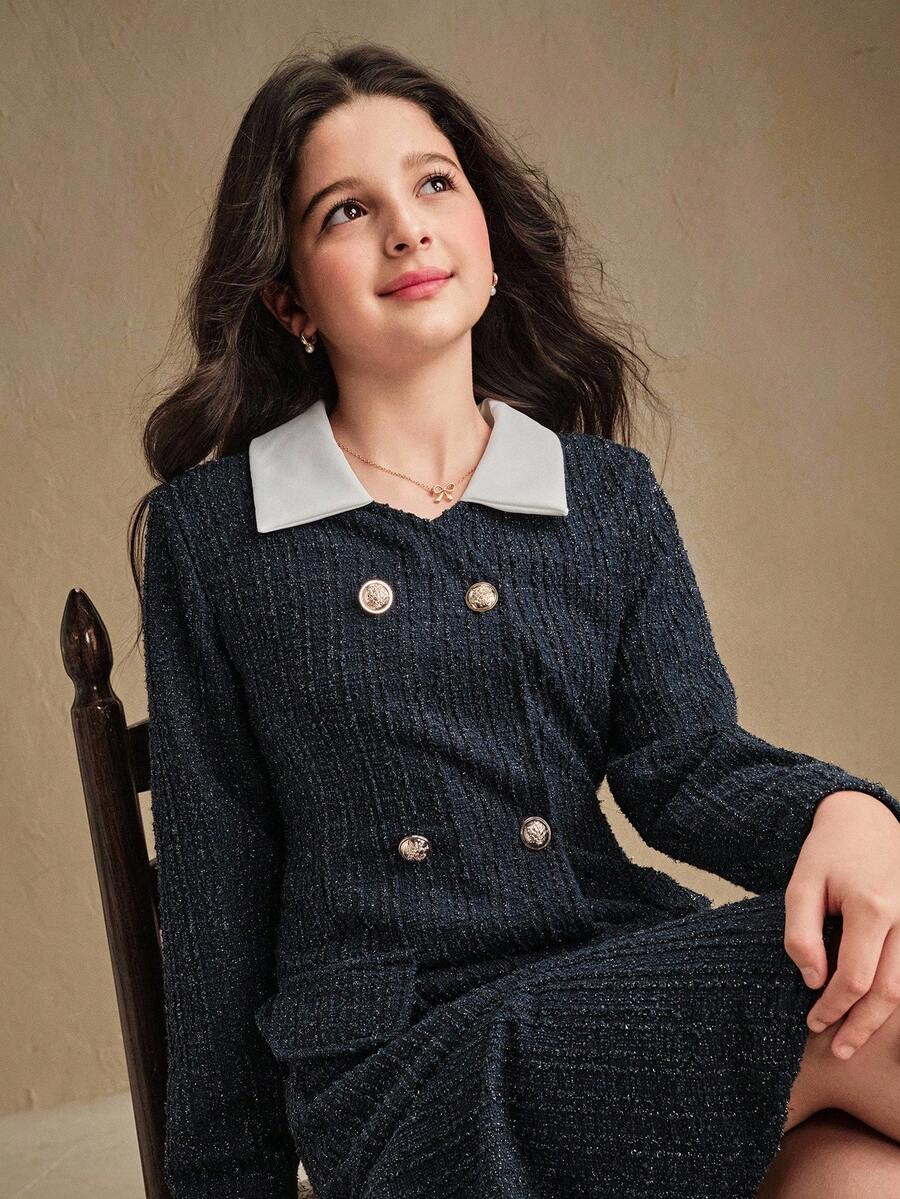 SHEIN 女童纽扣装饰优雅翻领长袖外套秋冬 - 彩色 - 查看 1