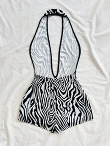 Soleia 女士秋冬假期斑马纹针织弹力面料深 V 露背性感紧身连体衣，适合派对、约会、下午茶、波西米亚风度假、海滩、夏季服装 - 黑色 - 查看 2