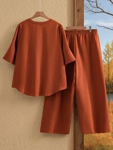 EMERY ROSE 2pcs/Set Plus Size Women's Summer Solid V-Neck Cuffed Sleeve Shirt And Wide Leg Pants Casual Set - Rust Brown - View 2