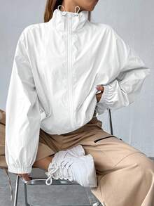 SHEIN EZwear Áo khoác nữ tay dài dệt cổ đứng màu trơn có khóa kéo Áo khoác nhẹ có khóa kéo Áo khoác Y2K cho mùa thu/đông - trắng - Xem 4