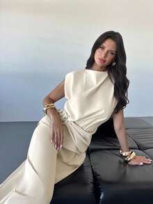 Firerie 女士优雅纯色纽扣设计腰部上衣和裤子套装 - 杏色 - 查看 3